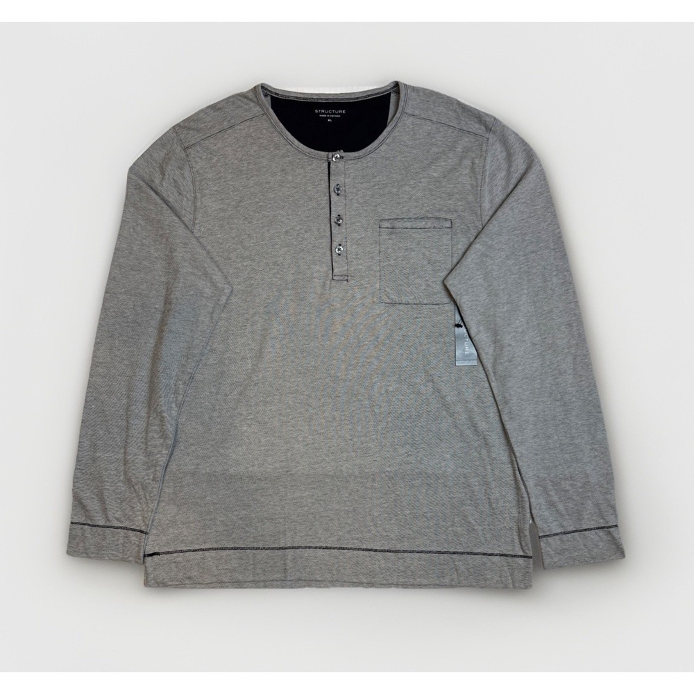 Structure Mens Grey Henley Long Sleeve Shirt Front Pocket Size XL